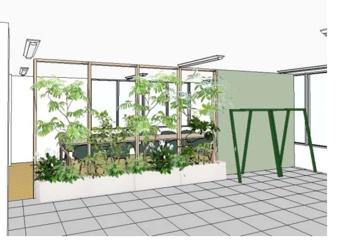 会議室と執務室を グリーンの壁で間仕切り